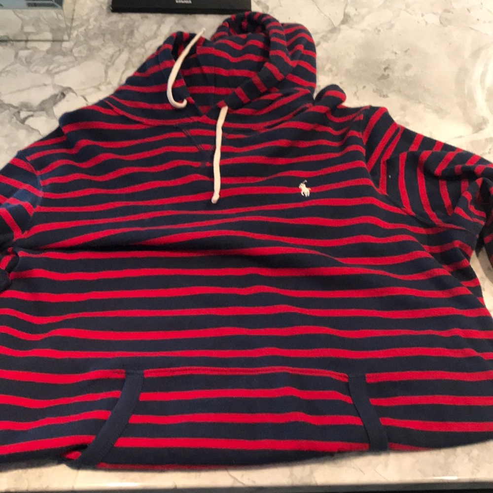 Red and Navy Blue stripe Hoodie Polo by Ralph